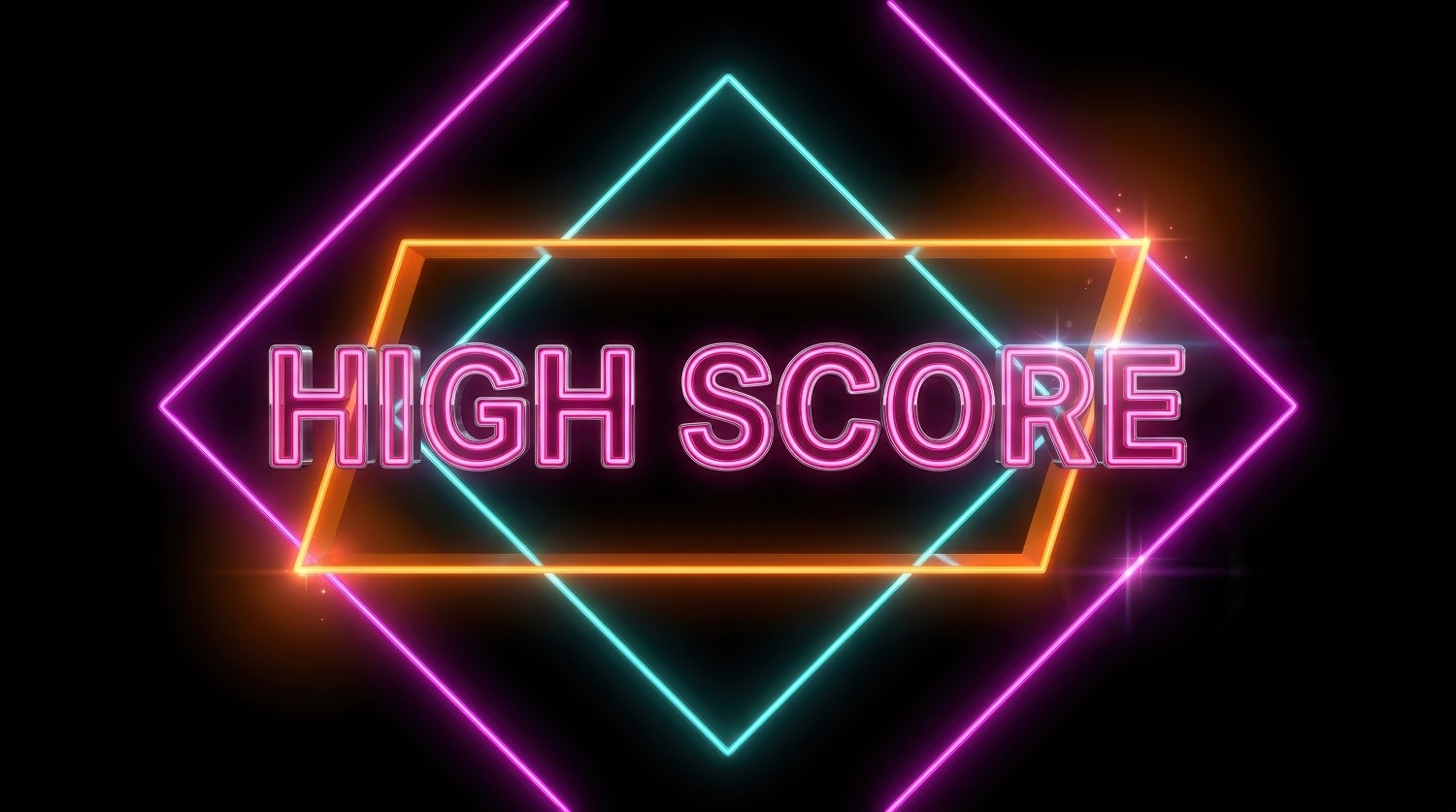 Image of high score text in multicolored triangles over grid pattern and digital mountains