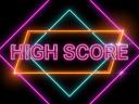 Image of high score text in multicolored triangles over grid pattern and digital mountains