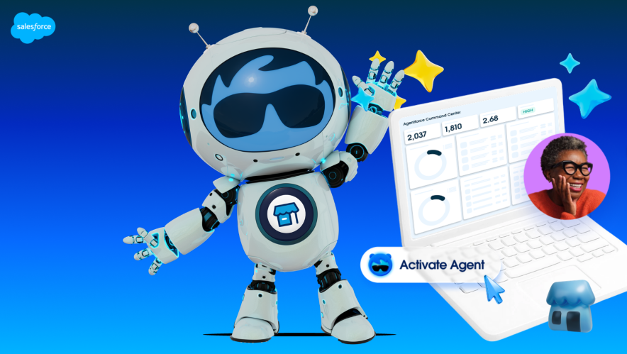 Illustration of Astro and small business on computer with blue background.