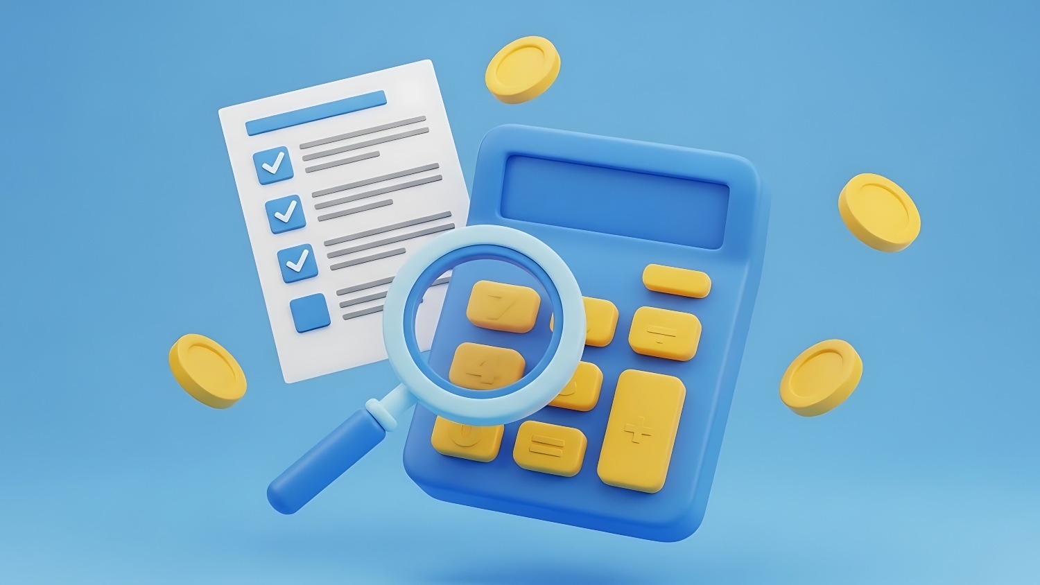 Calculator, magnifying glass, and coins, business finance concept, tax and audit, accounting tools