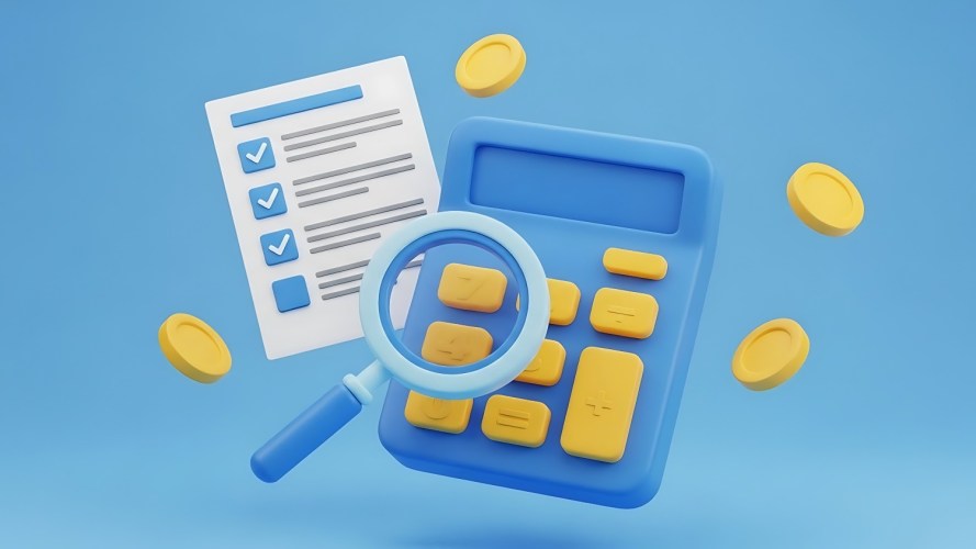 Calculator, magnifying glass, and coins, business finance concept, tax and audit, accounting tools