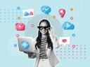 A woman holding labtop surrounded by social media icons, Social media marketing concept, Influence, Blogging, Online communication, Contemporary art collage