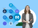 A woman standing next to an illustration of data icons, representing MuleSoft for small businesses.