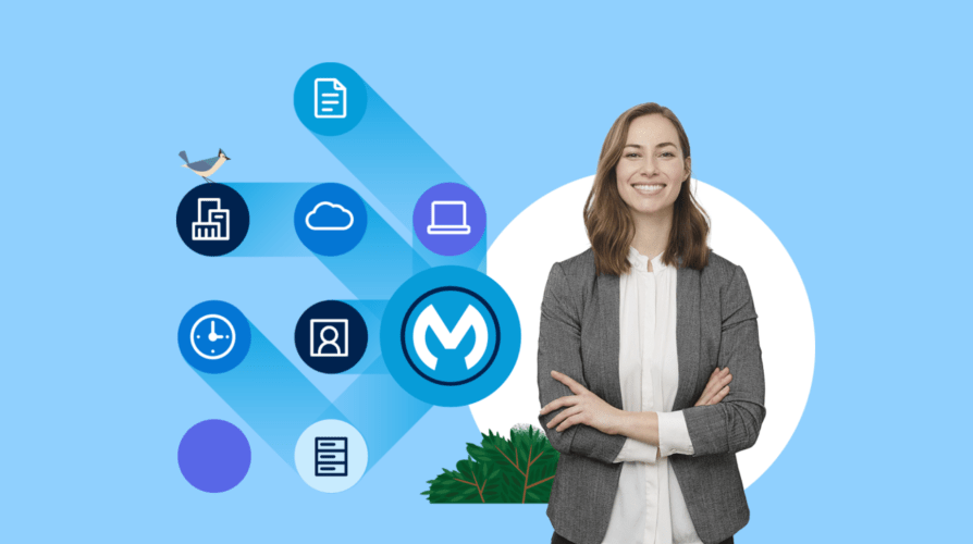 A woman standing next to an illustration of data icons, representing MuleSoft for small businesses.