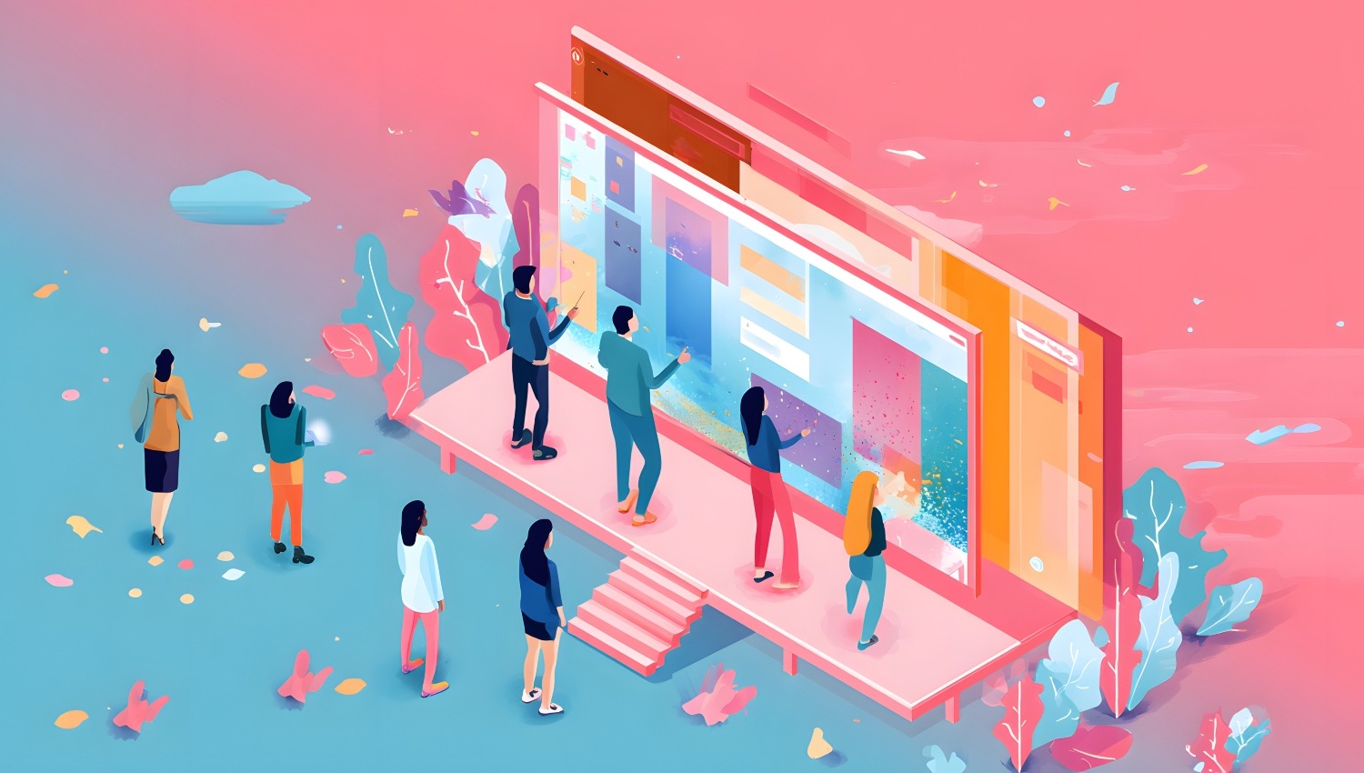 A modern poster depicts individuals exploring colorful digital screen installations on an oversized computer with a gradient pink background.