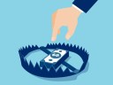 Vector of a businessman trying to reach money trap with dollar banknotes