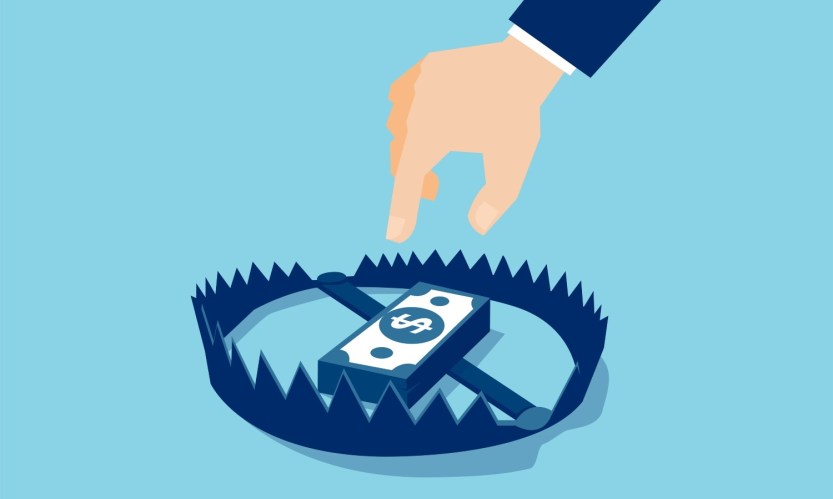Vector of a businessman trying to reach money trap with dollar banknotes