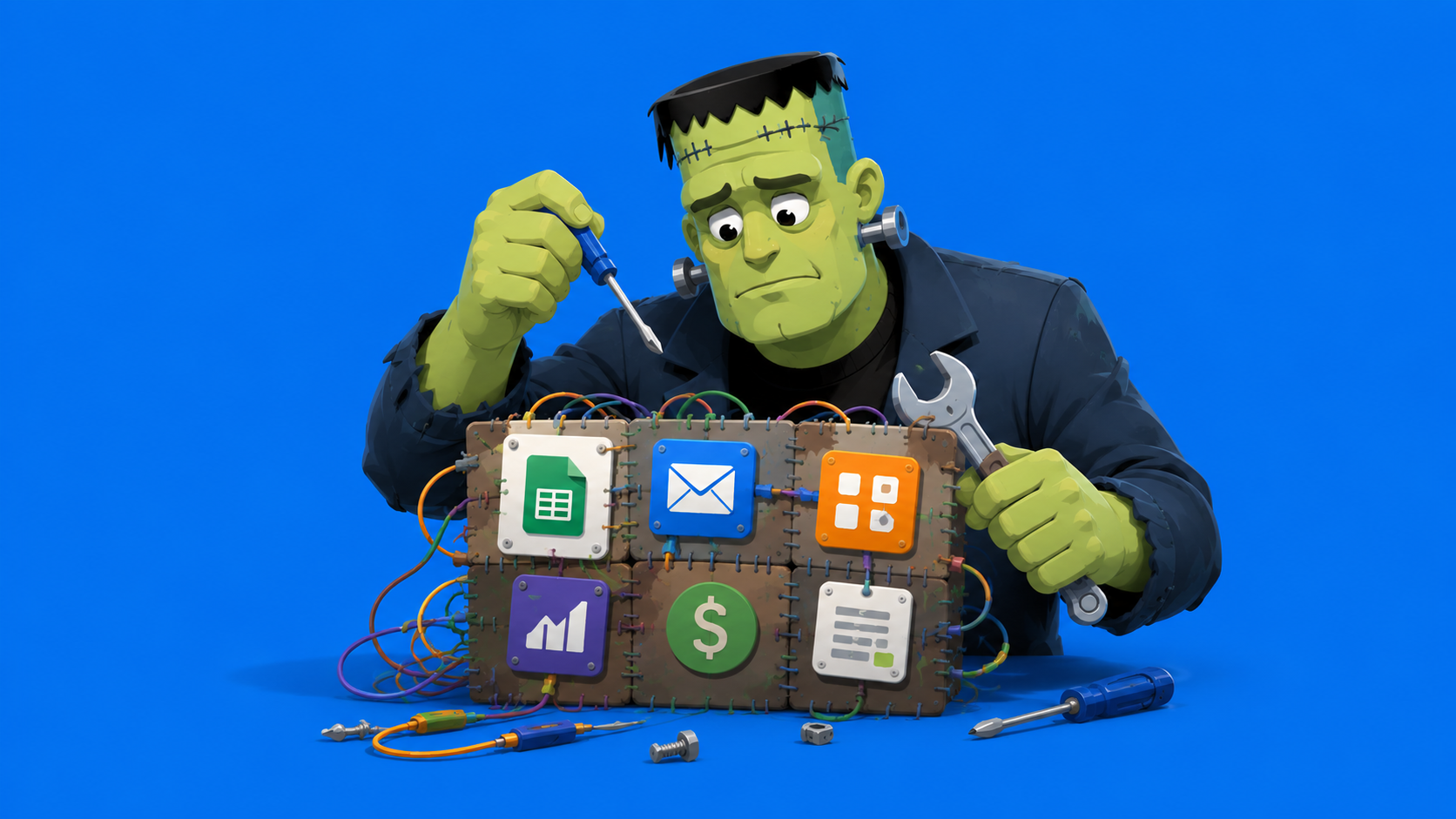 An illustration of Frankenstein with tools and apps, on a blue background.