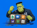 An illustration of Frankenstein with tools and apps, on a blue background.