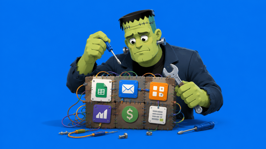 An illustration of Frankenstein with tools and apps, on a blue background.