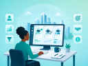 Illustration of a black woman business owner at a desk using multiple AI agents on a computer.