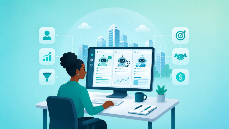 Illustration of a black woman business owner at a desk using multiple AI agents on a computer.