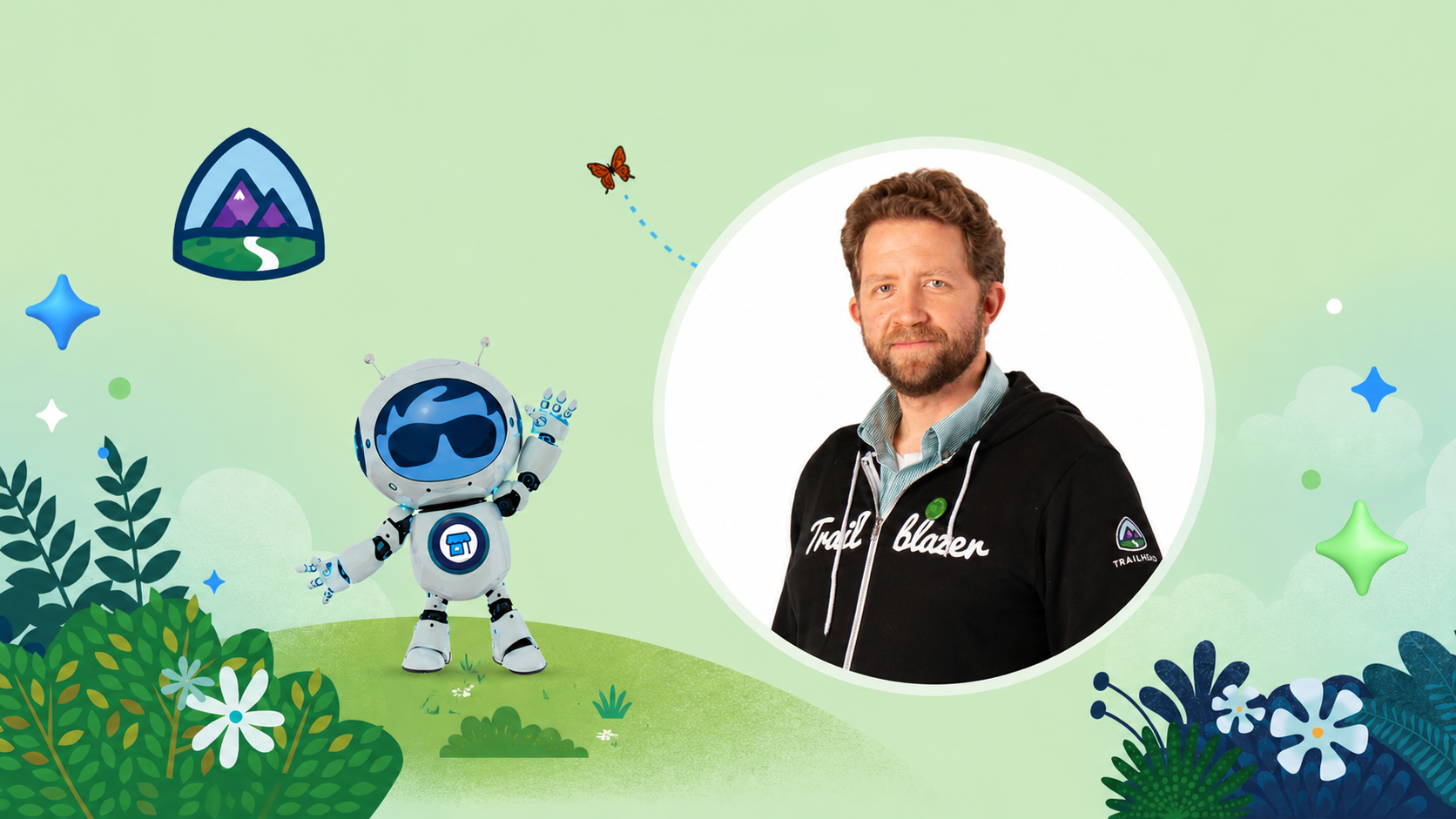 Illustration of a Commerce Crew Trailblazer Kyle Montgomery and Astro on a green background.