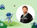 Illustration of a Commerce Crew Trailblazer Kyle Montgomery and Astro on a green background.
