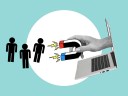 An illustration of lead magnets with a hand in a computer and oversized magnet with three silhouetted leads, on a teal background.