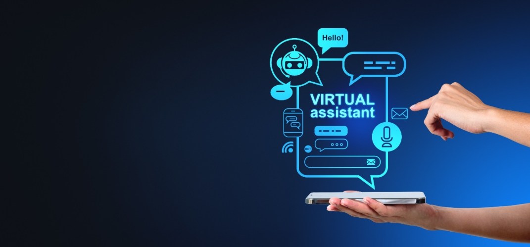 Woman hands with phone, virtual assistant hologram with chat icons, signifying virtual assistant for small business.