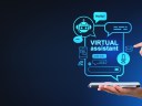 Woman hands with phone, virtual assistant hologram with chat icons, signifying virtual assistant for small business.