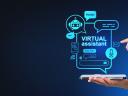 Woman hands with phone, virtual assistant hologram with chat icons, signifying virtual assistant for small business.