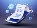 An oversized smart phone with receipt on top and $ icons on a blue background.