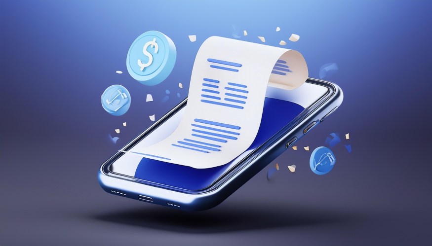 An oversized smart phone with receipt on top and $ icons on a blue background.