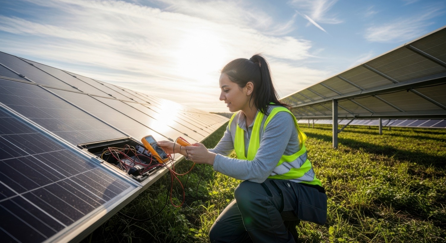 A field service management woman in a yellow safety vest inspects solar panels in a green field on a sunny day