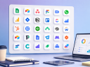 An illustration of 25 business management app icons in a square with an office setting around it.