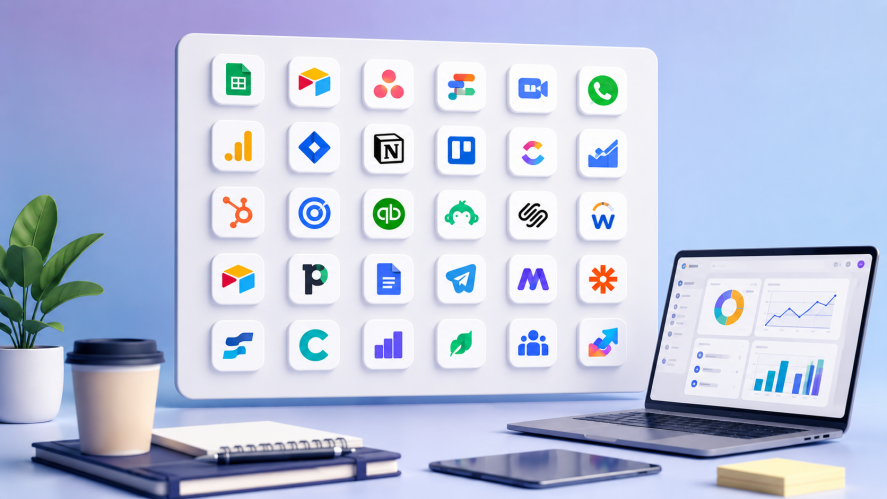 An illustration of 25 business management app icons in a square with an office setting around it.