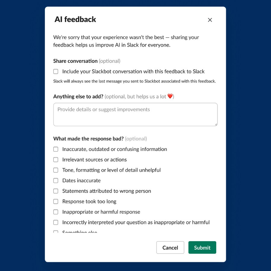 Slack AI feedback form with comment box and checkboxes for reporting issues with an AI response.