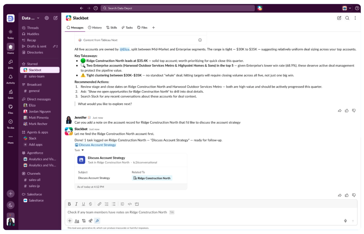 Workspace interface displaying a logged Salesforce account task object created natively from a text request to Slackbot.