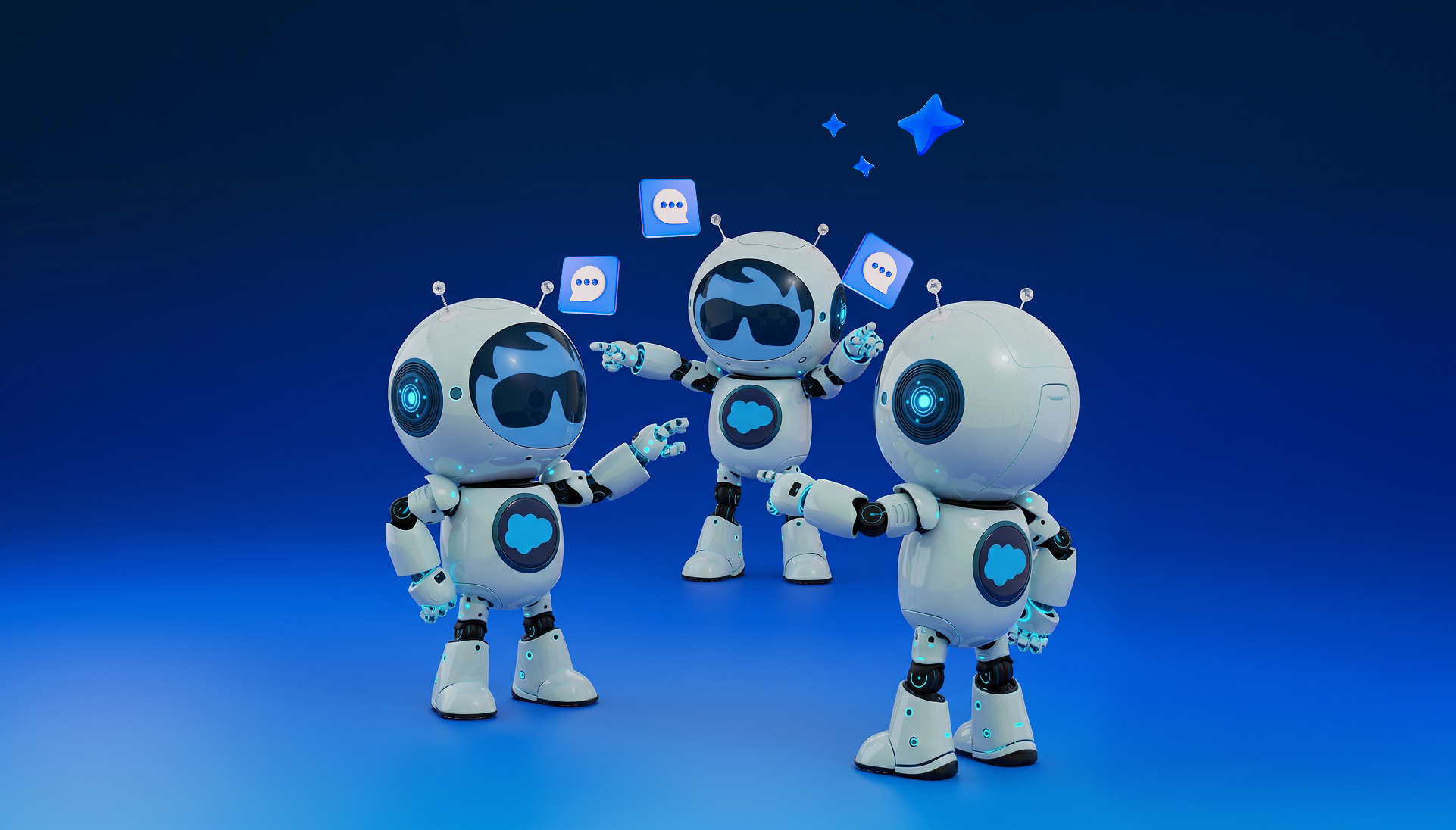 Three cartoon robots with Salesforce cloud logos gesture and exchange chat bubble icons against a blue gradient background, illustrating the blog title 'The New AI Trust Architecture: 5 Requirements for Agent-to-Agent Communication