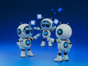 Three cartoon robots with Salesforce cloud logos gesture and exchange chat bubble icons against a blue gradient background, illustrating the blog title 'The New AI Trust Architecture: 5 Requirements for Agent-to-Agent Communication