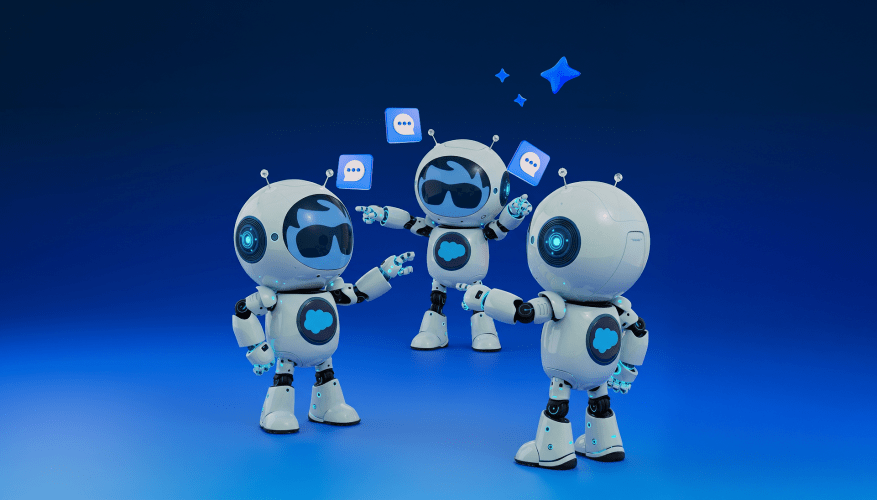 Three cartoon robots with Salesforce cloud logos gesture and exchange chat bubble icons against a blue gradient background, illustrating the blog title 'The New AI Trust Architecture: 5 Requirements for Agent-to-Agent Communication