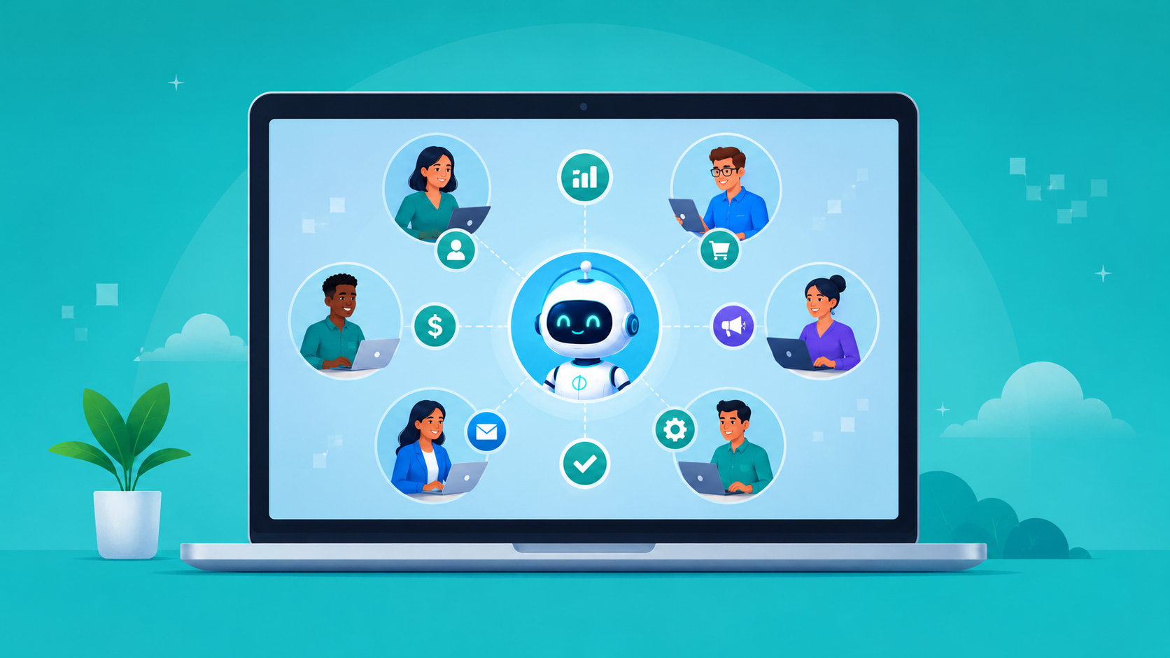 An illustration of a computer laptop with a business OS in a circle with a diverse team in circles around it with a teal background.