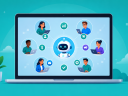 An illustration of a computer laptop with a business OS in a circle with a diverse team in circles around it with a teal background.