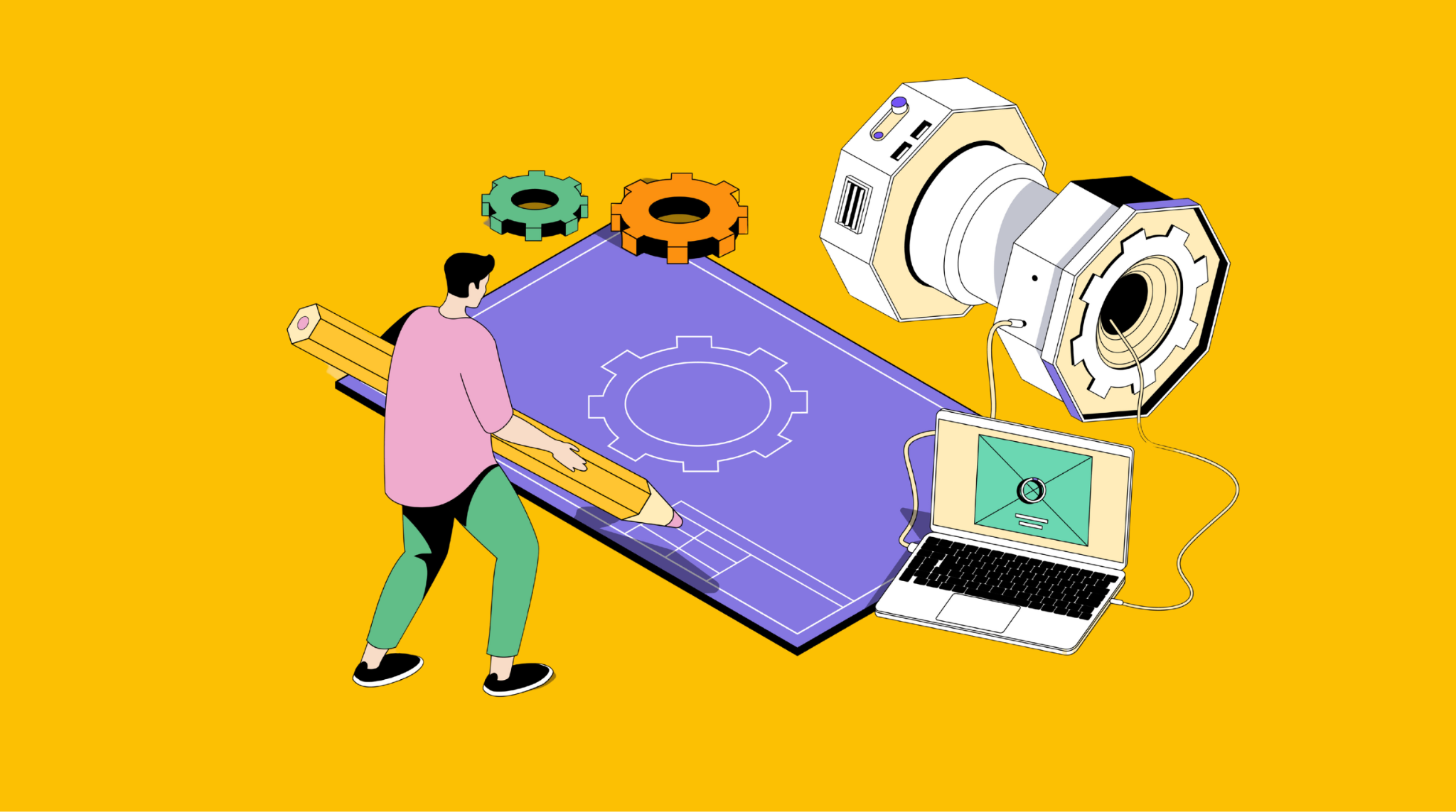 Illustration of a man holding an oversized pencil to a computer with gears symbolizing build or buy CRM.