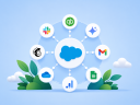 Illustration of Salesforce connections integrated with other apps in a circle, showcasing icons around the cloud, on a blue background.