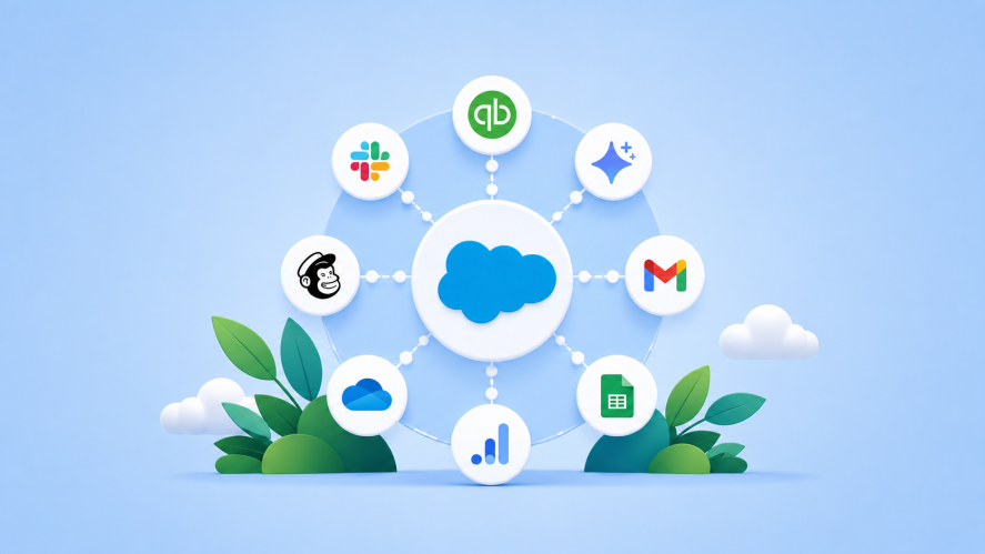 Illustration of Salesforce connections integrated with other apps in a circle, showcasing icons around the cloud, on a blue background.