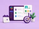 An illustration showing Slack interface and meeting icons around it for help with meeting fatigue, with a purple background.