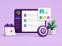 An illustration showing Slack interface and meeting icons around it for help with meeting fatigue, with a purple background.