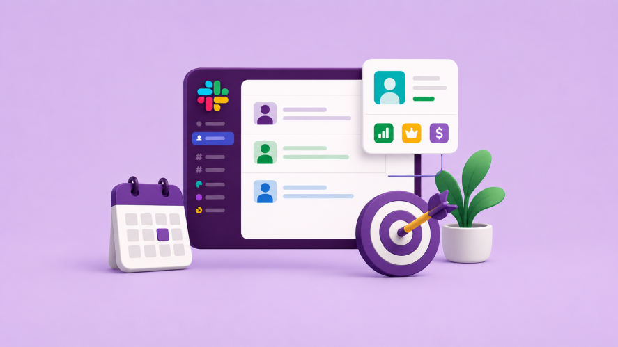 An illustration showing Slack interface and meeting icons around it for help with meeting fatigue, with a purple background.