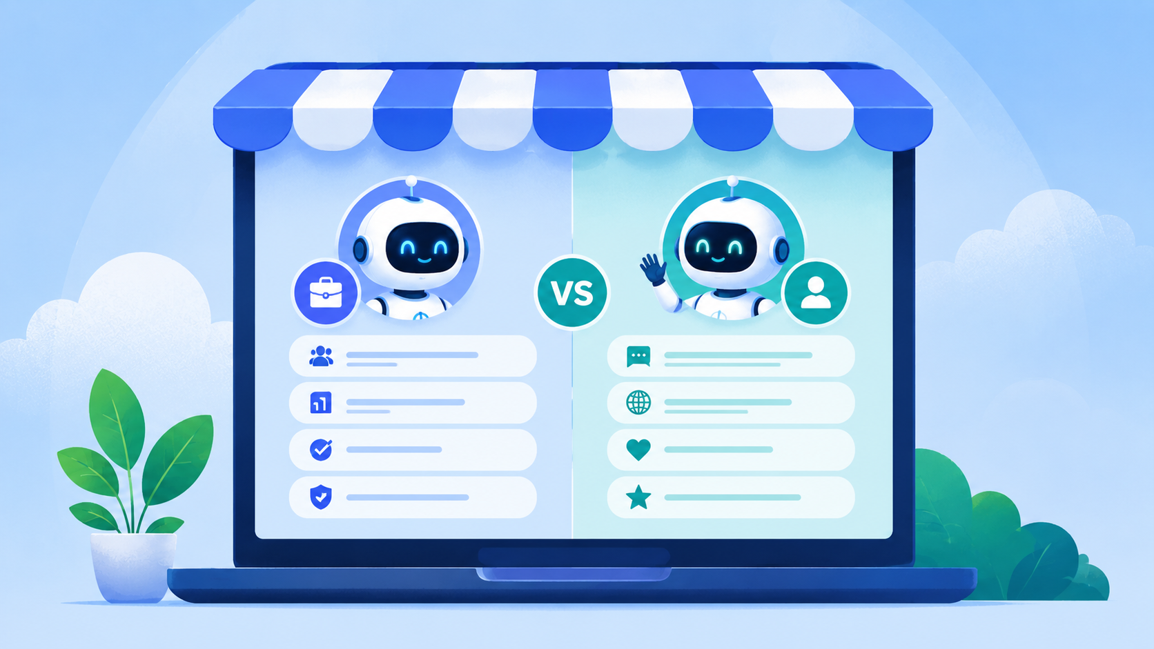 An illustration of employee agents and customer-facing AI agent icons in a computer screen on a desk with an awning over top.