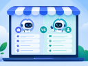 An illustration of employee agents and customer-facing AI agent icons in a computer screen on a desk with an awning over top.