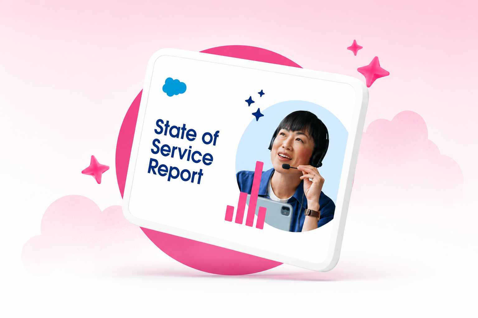 An illustration of the cover the 7th edition State of Service Report by Salesforce with an AI SDR and a circle icon with stars on a red background.