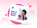 An illustration of the cover the 7th edition State of Service Report by Salesforce with an AI SDR and a circle icon with stars on a red background.