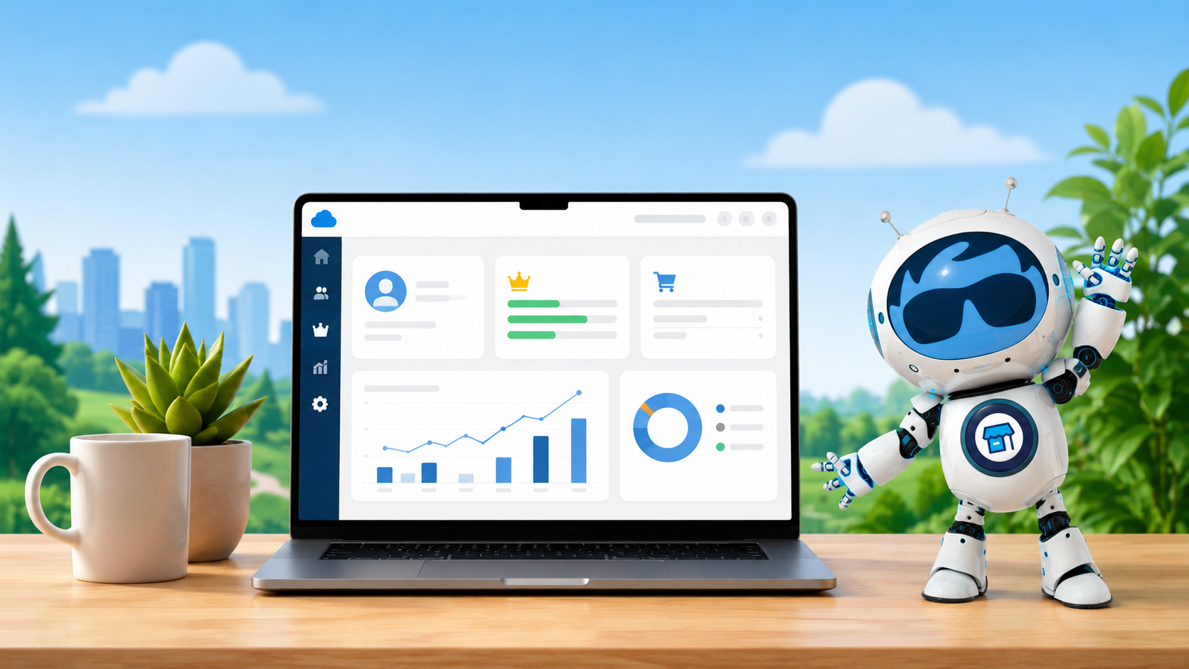 Illustration of Salesforce Foundations on a computer on a desktop with Astro character.
