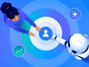 An illustration of human woman and an AI robot working together in harmony with a gradient blue background.