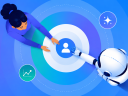 An illustration of human woman and an AI robot working together in harmony with a gradient blue background.