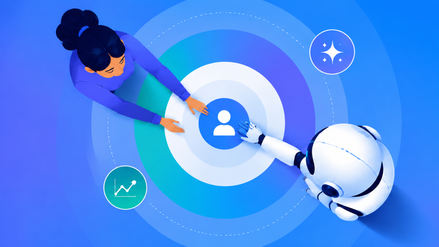 An illustration of human woman and an AI robot working together in harmony with a gradient blue background.