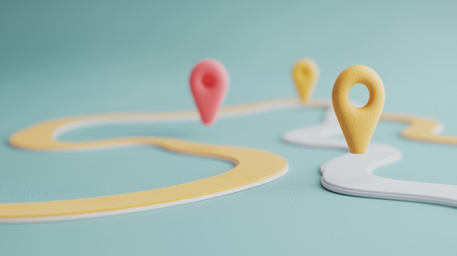 An illustration of location icons on a path, mapping business processes metaphorically, on a light blue background.