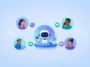 An illustration of an AI receptionist in the center of four icon circles with diverse team members of a small business on a blue background.